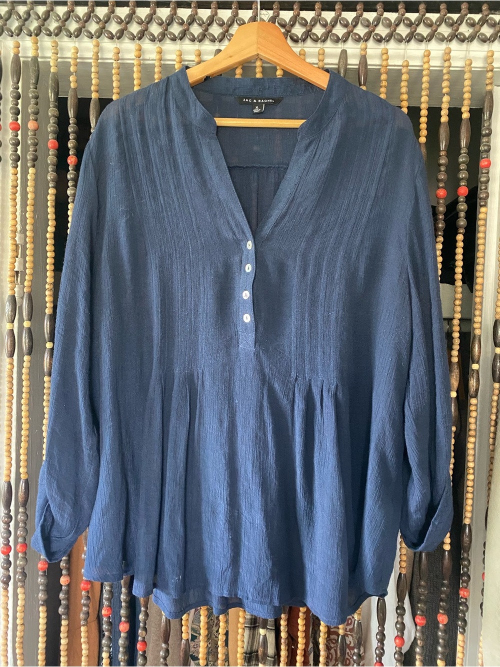 Zac & Rachel Blue Pintuck Gauze Henley Blouse Top Size XL